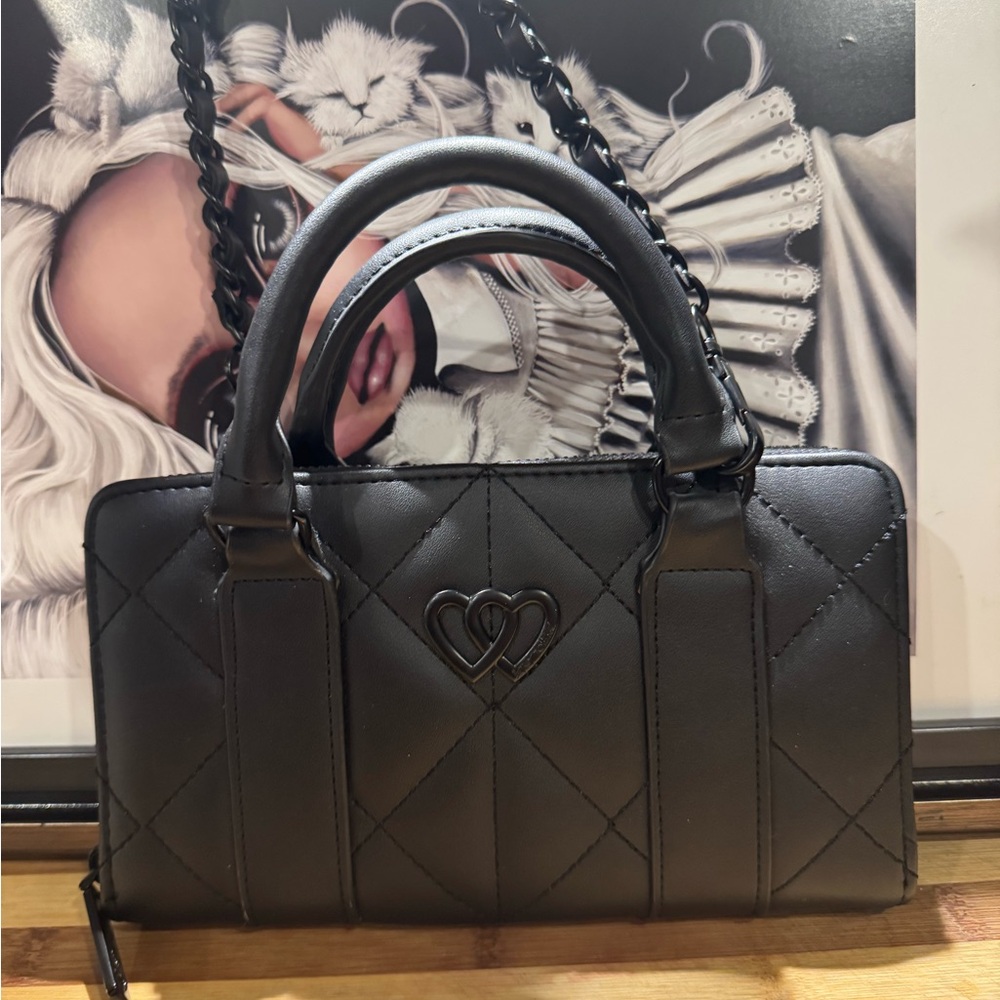 Betsey Johnson Black Quilted Satchel with Heart Accent
